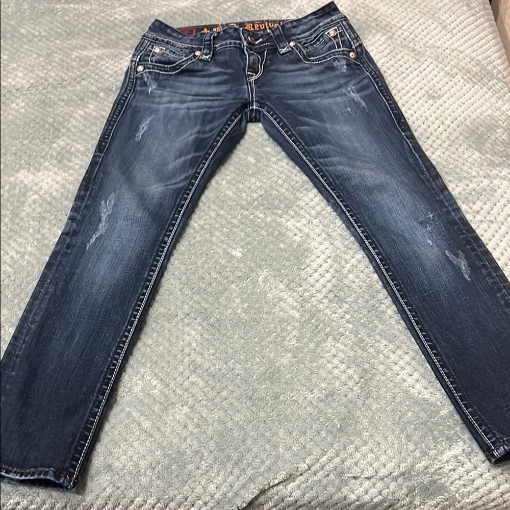 Rock Revival Blue Straight Leg Jeans with Distressed Details